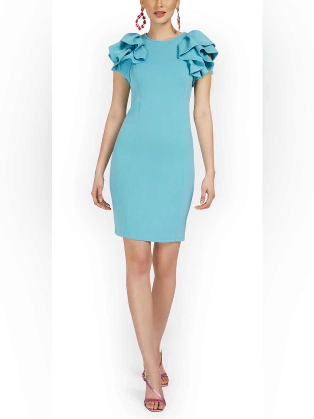 New York & Company Ruffle Sleeve Midi Sheath Dress in Scuba Blue Size Large NWT!